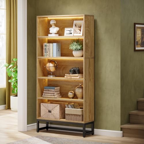 Image of Tribesigns Tall Bookcase and Bookshelf, 70.8 inch Large Bookcases Organizer with LED Lights, Heavy Duty Free-Standing Library Bookshelf with 5-Tier Storage Shelves for Living Room, Bedroom (Brown)