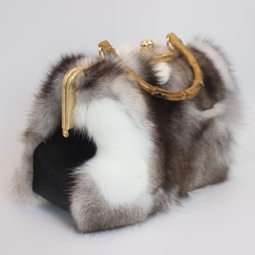 Fosrion Real Fox Fur Handbag – Vintage Kisslock Purse with Bamboo Handle, Patchwork from Ethically Sourced Nordic Fur3