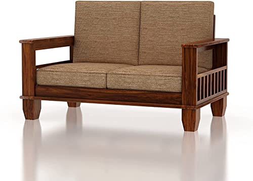 Image of Solid Sheesham Wooden 2 Seater Sofa Set for Living Room | Two Seater Sofa Set with Side Pocket Storage & Cushion | Rosewood Sofa Set for Home (Teak, 2 Seater)