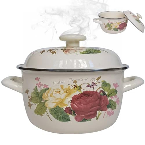 Enamel Pot 10x6 Inch Non- Stick Enamel Stock Pot with Lid and Handles Retro Flower Soup Pot Thicken Enamel Cookware for Home Kitchen Restaurant Pasta Milk Soup S Enamel Stock Pot Pasta Pan Soup Pot