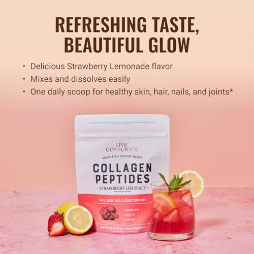 Image of Live Conscious Collagen Peptides Powder - Strawberry Lemonade - Type I & III for Hair, Skin, Nails & Joint Support - Hydrolyzed, Grass-Fed Bovine - Women & Men, 30 Servings - 12.8oz