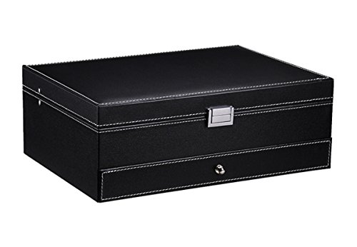Autoark Leather Dresser Valet Jewelry Watch Organizer,Desktop Organizer for Keys,Coins,Wallet,Smartphone,Watches,Sunglasses and Accessories,Metal Buckle & Large Mirror,Big-Capacity,Black,AW-127