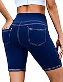 VOOVEEYA 5'/8' High Waisted Yoga Biker Shorts with Pockets for Women - Butt Lifting Workout Spandex Booty Gym Shorts(Navy Blue-L)