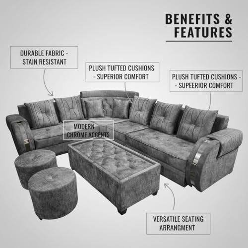 Image of APRODZ Solid Wood 6 Seater Sofa Set Velvet Fabric Sectional L Shaped Sofa with Center Table & Ottomans Corner Sofa for Home Office Guests Living Room Cushioned Seating for Home & Lounge Use (Grey)