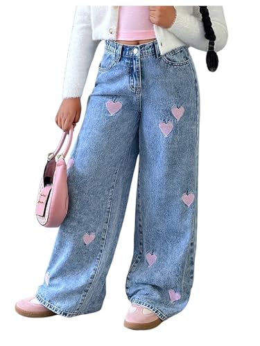 WDIRARA Girl's Heart Embroidered Y2k Denim Pants Elastic High Waist Wide Leg Jeans with Pockets