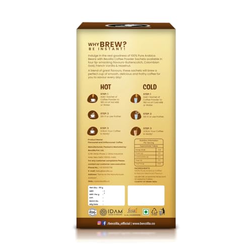 Image of Bevzilla Premium Glass & 25 Flavoured Coffee Sachets /Pouch Box | Butterscotch, Classic, Vanilla & Hazelnut Flavour | Preimum Gift Box| Espresso, Latte,Cappuccino | Hot & Cold Brews (Pack of 3)