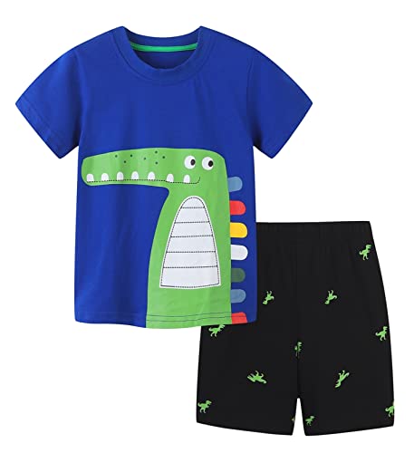 Image of Boys Summer Short Sets Outfits Cotton Casual Crewneck Short Sleeve Shirt Shorts Playwear Clothes Sets 2-7Y