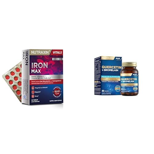 Nutraxin Iron Max 30 Tablet – Demir, C Vitamini, Folik Asit ve B12 Vitamini + Nutraxin Quercetin + Bromelain 30 Tablet – C Vitamini, Çörek Otu ve Isırgan Otu İçerikli Bağışıklık Takviye