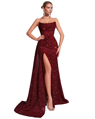 OLJHFJ Women's Strapless Prom Dress - Velvet Sequins Long Formal Evening Gowns Sparkly Mermaid Prom Party Dress with Slit Wine Red