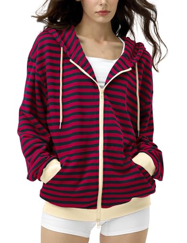 FAIABLE Striped Zip Up Hoodie Women Oversized Sweatshirt Hoodies Zipper Sweaters Pullover Cotton Vintage Preppy Shirt Outfits