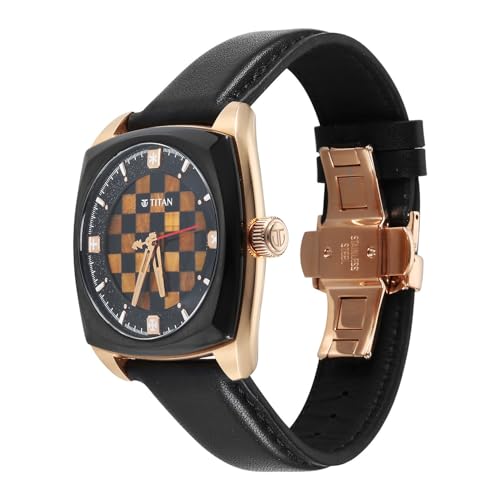 Image of Titan Grandmaster X Gukesh Dommaraju Special Edition with Tiger Eye and Black Agate Dial Premium Leather Strap Automatic Watch for Men - 10073KL02