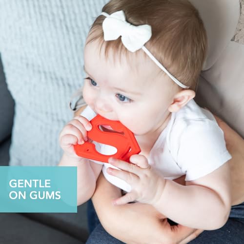 Image of Bumkins Baby Teething Freezer Toy Keys Rings, Soft Flexible Silicone Pacifier, Safe to Chew, Cool Teether Gum Relief, Essentials for Babies 3 Months, Freezable, Sensory Textured, Superman DC Comics