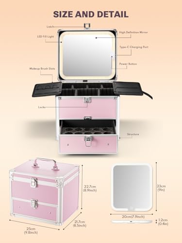 Qislee Makeup Box with Drawer and A Detachable Lighted Mirror, Waterproof Travel Train Case, Cosmetic Organizer and Makeup Suitcase with Adjustable Dividers, Magnetic LED Mirror (ICY Pink)