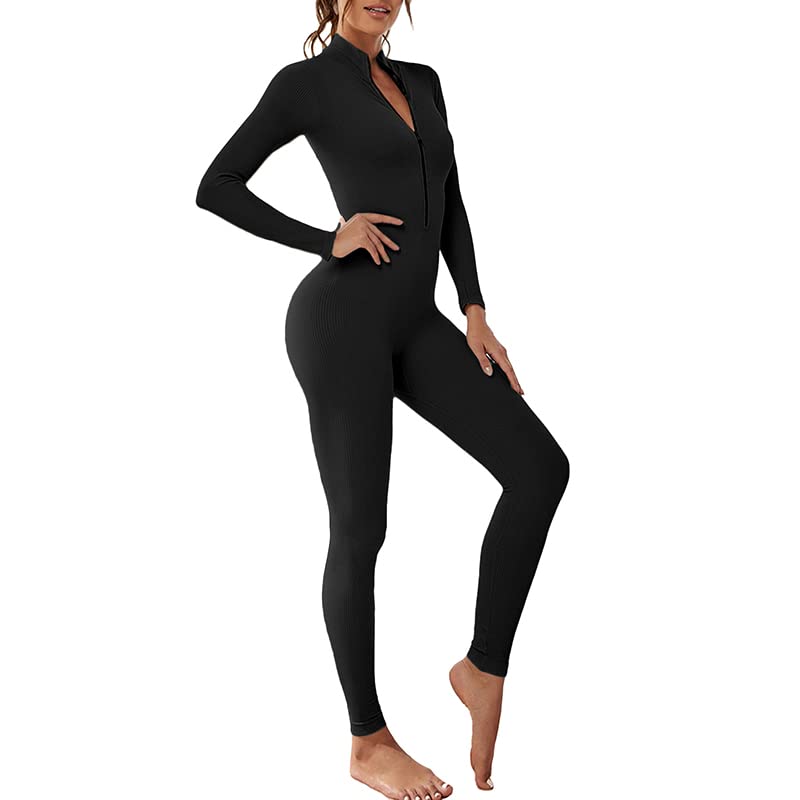 Litthing Femme Combinaison de Sport, Sexy Moulante Vetement de Sport Manches Longues Body de Yoga Tirette Côtelé Tenue d'entraînement Bodycon Élastique Skinny Une Pièce