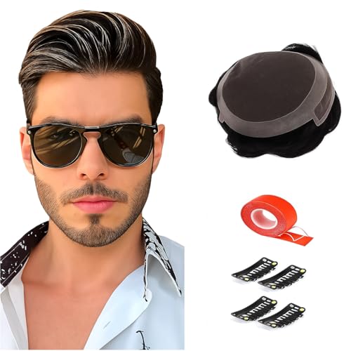 Image of Lace Front Men's Hair Patch | 100% Human Hair Wig with Natural Invisible Hairline | Comfortable Durable Toupee /Hair System | Attach with Tape, Clips or Glue | (Natural Black, 7x5)