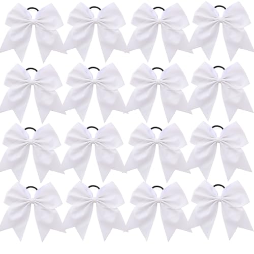 16 PCS Large Glitter White Cheer Hair Bows Shiny Cheerleading Bows Ponytail Holder for Cheerleader Girls Softball Sports and Christmas Tree Decor (Glitter White)
