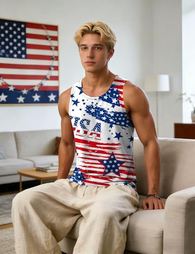 Image of Ithalt USA Tank Top Men 4th of July Patriotic Sleeveless American Flag Workout Shirt Summer Beach Independence Day