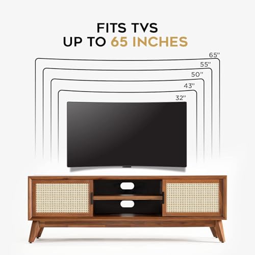 Image of Premium Solid Wood, 10 Minutes Assembly (Legs Only), Aesthetic Rattan Doors, Mid Century Entertainment Center for Living Room, TV Stand for 65 inch TV, Dark Chocolate (Honey Colour)