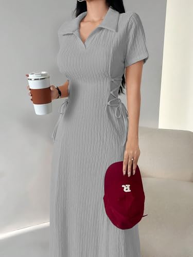 Image of Shasmi Women's Solid Color Applique Lace-Up Collared Short Sleeve, Side-Tie Waist Long Casual Maxi Women Dress Outfit Long Evening Midi Western Party Dress for Women (Dress 211)