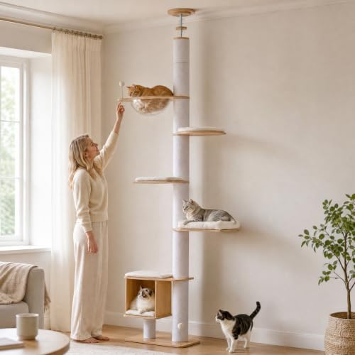 UYMI Floor to Ceiling Cat Tree, 6-Tier Adjustable Height(88.6-111.8 Inch) Wood Climbing Tower with 4' Thick Scratching Posts, Acrylic Cave, Condo,Platforms and Cat Bed for Indoor Large Cats