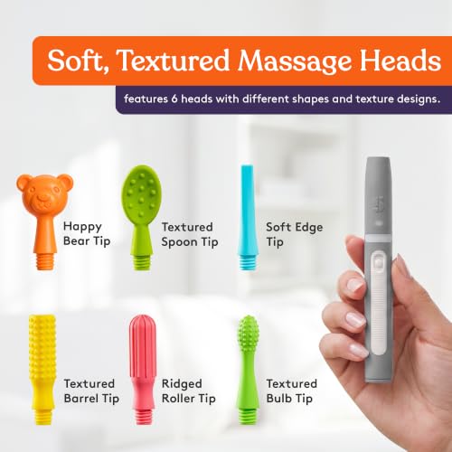 Image of Special Supplies Buzz Buddy Oral Motor Stimulation kit with 6 Soft Textured Interchangeable Heads, Calm Sensory Needs, Support Speech, and Stimulate Self Feeding, Gentle Vibrations (Grey)