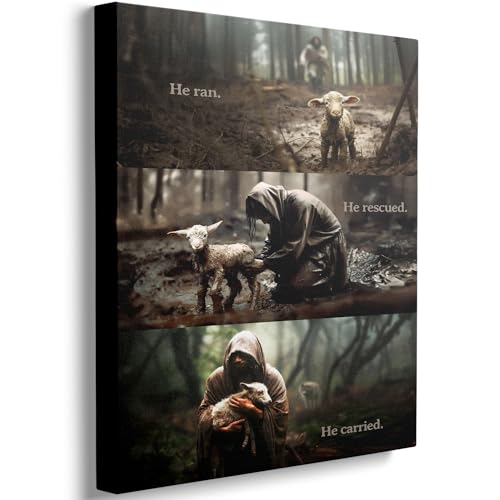 Jesus and Lost Sheep Canvas Wall Art, Good Shepherd Rescue Scene Print, Biblical Parable Poster Framed Artwork, Inspirational Christian Decor for Church Living Room or Prayer Room