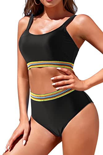 Image of Womens High Waisted Bikini Sets Sporty Crop Top Color Block Swimwear Bandeau Scoop Neck Vintage Two Piece Bathing Suits