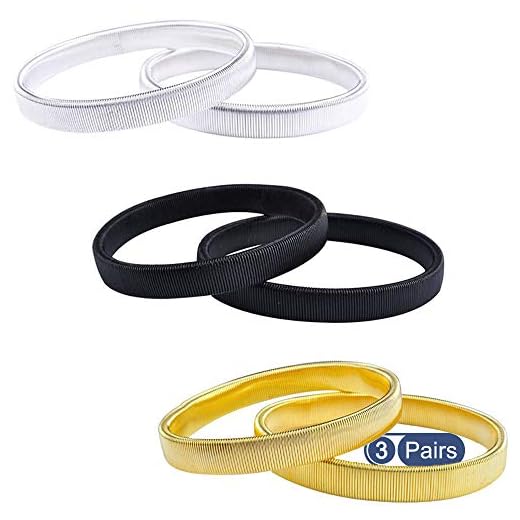 3 pares Camisa Titulares De La Manga, Soportes Antideslizantes Elásticos Brazaletes de Metal, Ligas de Estiramiento de Banda para Hombres Mujeres (Oro Negro Plata)