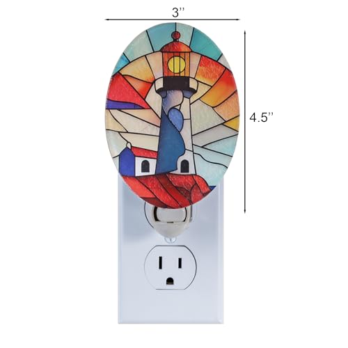 Image of Lighthouse Stained Glass Styled Night Light Plug in - Made with Real Glass, Bulb Included, On /Off Switch - Nautical Beach Theme Bathroom, or Beach House Accent Light Dusk Orange Blue