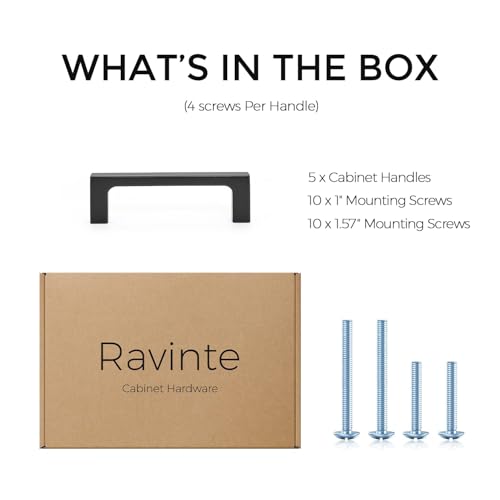Image of Ravinte Matte Black Kitchen Cabinet Handles 3 Inch Pulls 5 Pack | Solid Zinc Alloy , Smooth Design, Screws Included, Square Pulls for Kitchen Drawers & Cupboards