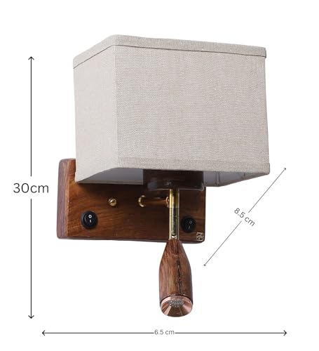 Image of Greenhouse Fully Handmade Sheesham Wood Wall Light Lamp | Khadi Fabric Shade with E27 Bulb Holder (Bulb Included) | Focus Light - 3W Warm White LED | Bedroom, Living Room, Hall, Office, Hotels