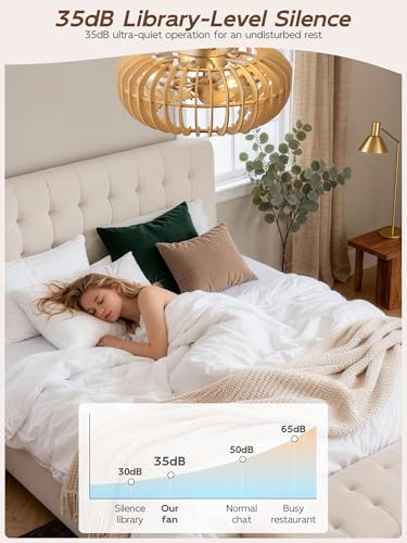 Image of 20 inch Wood Ceiling Fans with Lights Flush Mount, Caged Boho Ceiling Fan with Light Remote Control, Wooden Low Profile for Bedroom, Living Room, Nursery