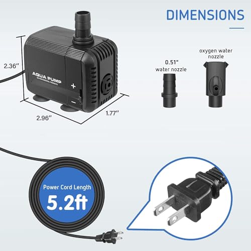 Image of Simple Deluxe 210GPH 8W Water Table Pump (800L /H), Pond Pump with 2 Nozzles, Perfect for Fish Tank, Pond, Aquarium, Statuary, Hydroponics, Black
