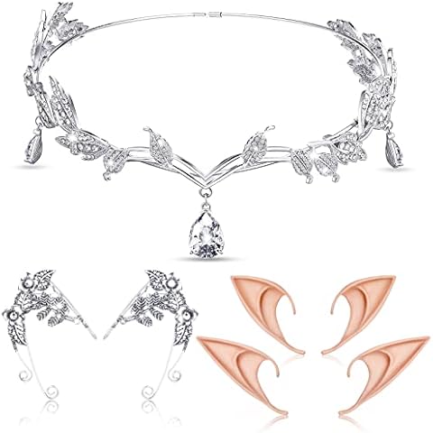 7 Pieces Elf Cosplay Set Includes Elf Ears Rhinestone Pixie Tiara Headband Ear Cuffs for Fairy Halloween Costume Wedding Prom, Silver, One Size Cover