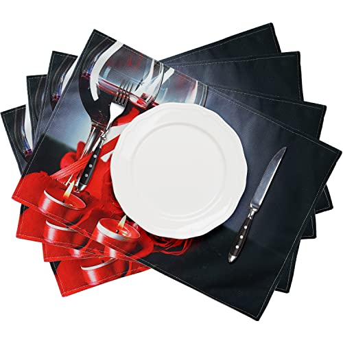 Red Wine Rose Candle Placemats Set Of 4,Red And Black Table Place Mats Waterproof Burlap Washable Dining Placemats For Home Kitchen Decorations #TOP1