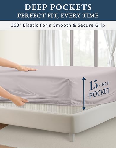 Image of LANE LINEN King Size Deep Pocket Sheets Egyptian Cotton Sateen - Grey Lilac | King Bed Sheet Set - 4-Piece Set, For A Luxurious Night's Sleep, For A Silky Hotel-Style Bed, Guest-Ready Comfort