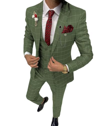 Solovedress Anzüge für Herren 3 Teilig Klassischer Karierter Herrenanzug Sakko Hose Weste für Hochzeiten und Geschäft (Olivgrün,XXL)