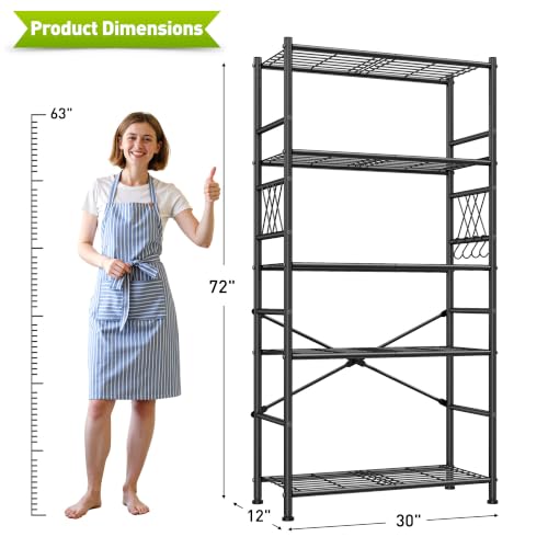 Image of DurayLoly 5-Tier Storage Shelves with Hooks, Metal Shelving Units Shelf Organizer, Wobble-Free Wire Shelving with Adjustable Leveling Feet for Kitchen Pantry Laundry Bathroom Dorm,12 inchD x 30 inchW x 72 inchH