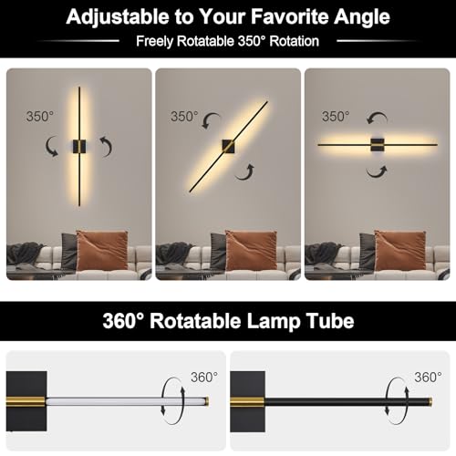Image of Battery Operated Wall Sconce Set of Two with Remote Control, 3000K-6000K Dimmable Black Gold Wall Lights, Timable LED Wireless Wall Sconces, 350 Ratate for Bathroom, Living Room, 39.4 Inch