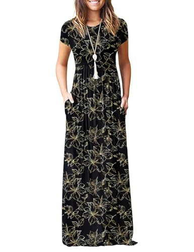 Image of MISFAY Women's Short Sleeve Maxi Dresses Long Casual Dresses with Pockets | Empire Elastic Waist, Crew Neck, Floor Length, Strentchy Flowy A Line Fit, Loose Plain Summer Outfits, Vacation Wear