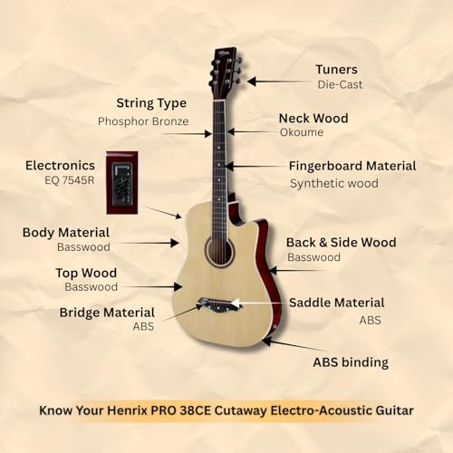 Image of Henrix 38CE 38 Inch Cutaway Basswood Electro-Acoustic Guitar With Dual Action Truss Rod, Gigbag, Picks, String Set, String Winder, Strap, Polishing Cloth & Ebook - Natural