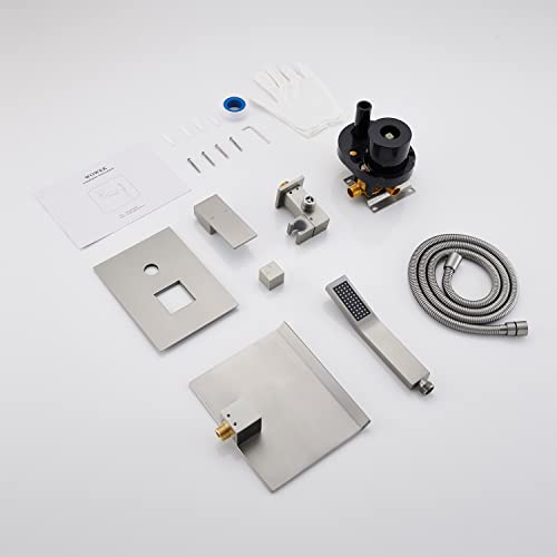 Wowkk Waterfall Tub Faucet Wall Mount Tub Filler Brushed Nickel Roman Bathtub Faucet Brass Single Handle Bathroom Faucet With Hand Shower #TOP6