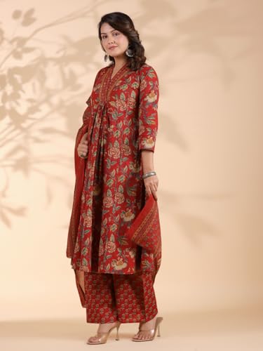 Image of Vbuyz Women Floral Print With Mirror Work Cotton Kurta Palazzo With Dupatta