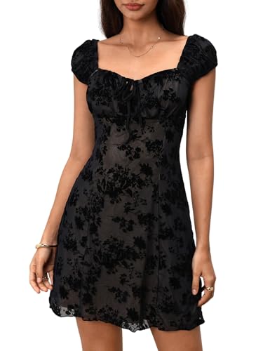 SweatyRocks Women's Floral Mesh Gothic Dresses A Line Cap Sleeve Sweetheart Neck Mini Dress