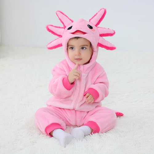 Infant Baby Girl Pink Dinosaur Clothes Axolotl Long Sleeve Zip Up Furry Hooded Romper Jumpsuit Outfits3