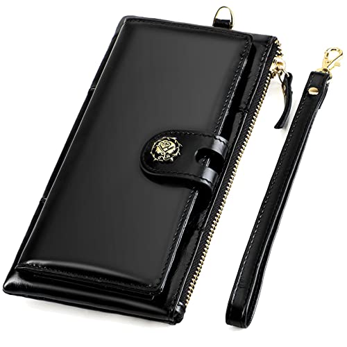 Large Capacity Wristlet Wallet for Women Oil & Wax Genuine Leather Phone Wallet RFID Blocking Card Holder Clutch for Ladies
