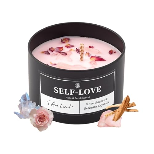 Self-Love Crystal Candle for Meditation and Room Decor, 8oz, Infused with Rose Quartz & Selenite Crystals, Rose & Sandalwood Essential Oil Scented Candles, Soy Wax Blend, Non Toxic Candles