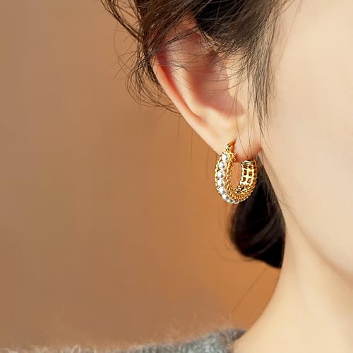 Pearl Hoop Earrings for Women, 18K Gold Plated Small Gold Hoop Earrings, Trendy Hypoallergenic Pearl Huggie Hoops Stud4