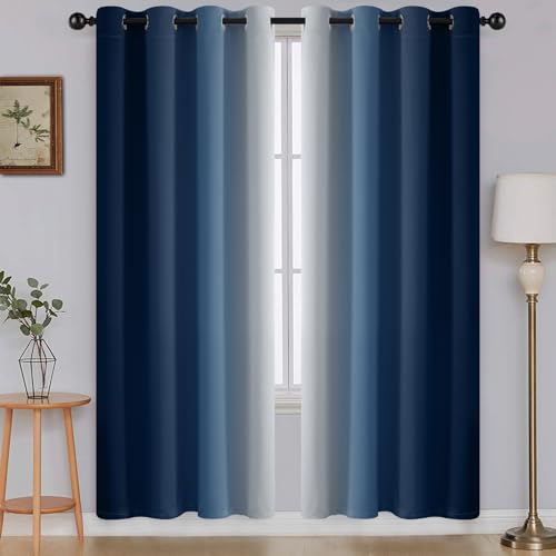 Image of SimpleHome Ombre Blue to Grey White Curtains for Living Room 52Wx72L | Room Darkening Curtains for Bedroom,Gradient Light Blocking Curtain,Thermal Insulated Grommet Window Drapes,2 Panels,72 Inch