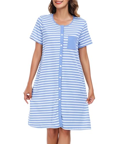 Lovasy Chemise de Nuit Femme Coton Chemise de Nuit Manches Courtes à Rayure Robe De Nuit Boutonnée Devant Tee Shirt de Nuit Femme Grande Taille avec Poches...